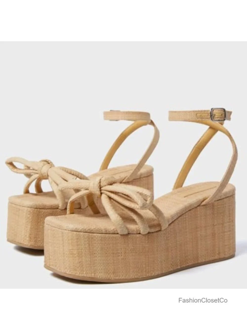Natural Raffia Platform Sandals Women Wedge Espadrilles Bow Ankle Strappy Woven